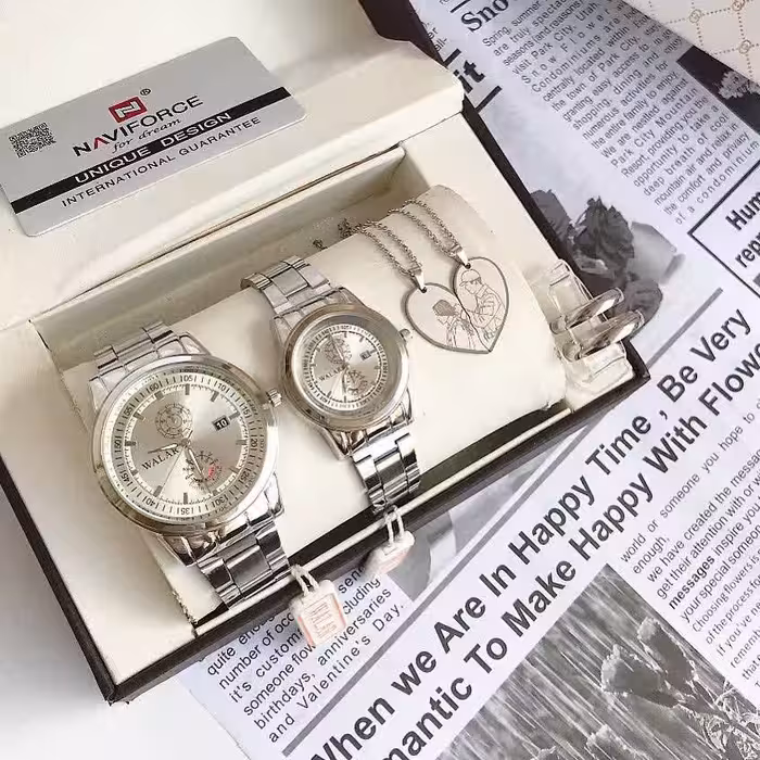 ست زنانه مردانه ساعت و گردنبند عشق و انگشتر نقره ای