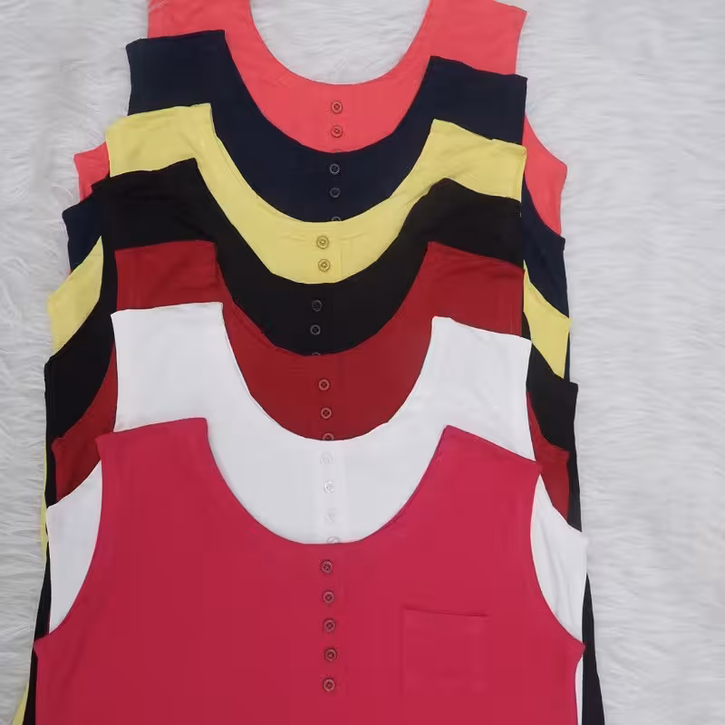 تاپ پنج دکمه رنگی نخ پنبه کیفیت عالی سایز 38 تا 48(رنگ های زرد،مشکی،سرمه ای،صورتی،سرخابی،طوسی،سفید،زرشکی)