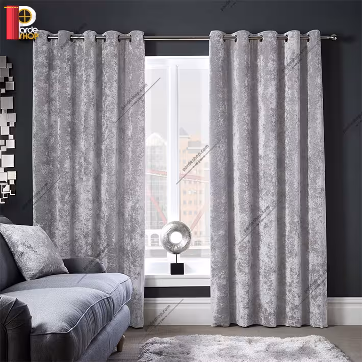 پرده مخمل پتینه پانچی نقره ای آماده روشن ارتفاع 280 سانتی متر