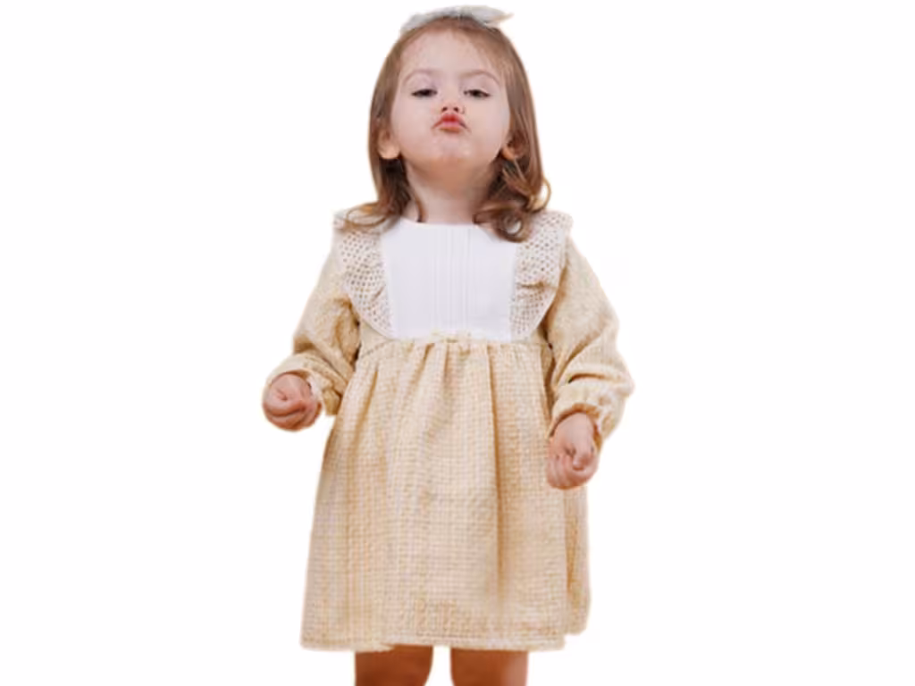 پیراهن آستین بلند دخترانه رنگ کرم لیمویی