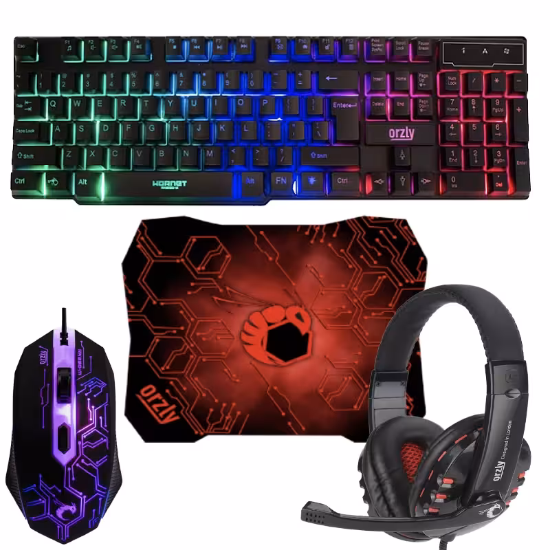 ست گیمینگ اورزلی مدل HORNET_RX_250_NEON BACKLIGHT با سوییچ ممبران، Full Size، نورپردازی صفحه کلید RGB، مقاوم در مقابل نفوذ مایعات، گرد و غبار، اتصال Plug &amp; Play، پایه‌های ضد لغزش
