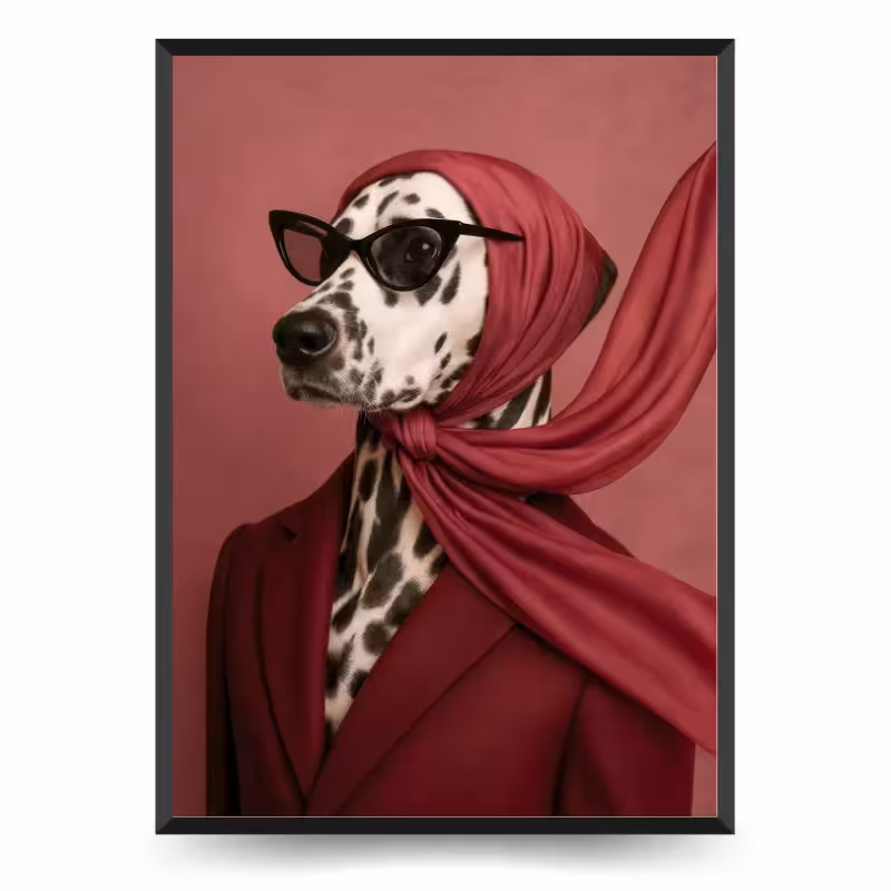 تابلو و پوستر فانتزی سگ با روسری قرمز