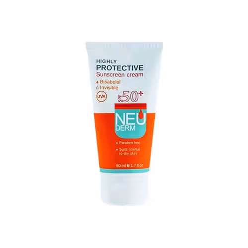 کرم ضد آفتاب SPF50 نئودرم فاقد رنگ مناسب پوست نرمال تا خشک