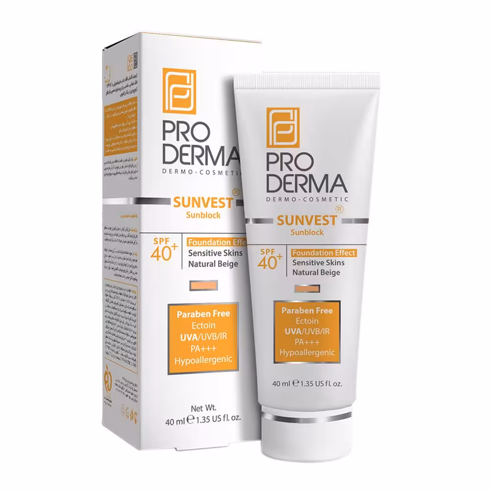 کرم ضد آفتاب فیزیکال کرم پودری بژ طبیعی پرودرما ⁺SPF40 مناسب پوست های حساس ۴۰ میلی لیتر
