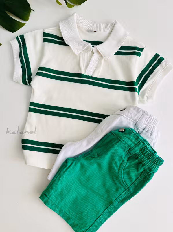 تیشرت ترک یقه دار رینگی سفید سبز