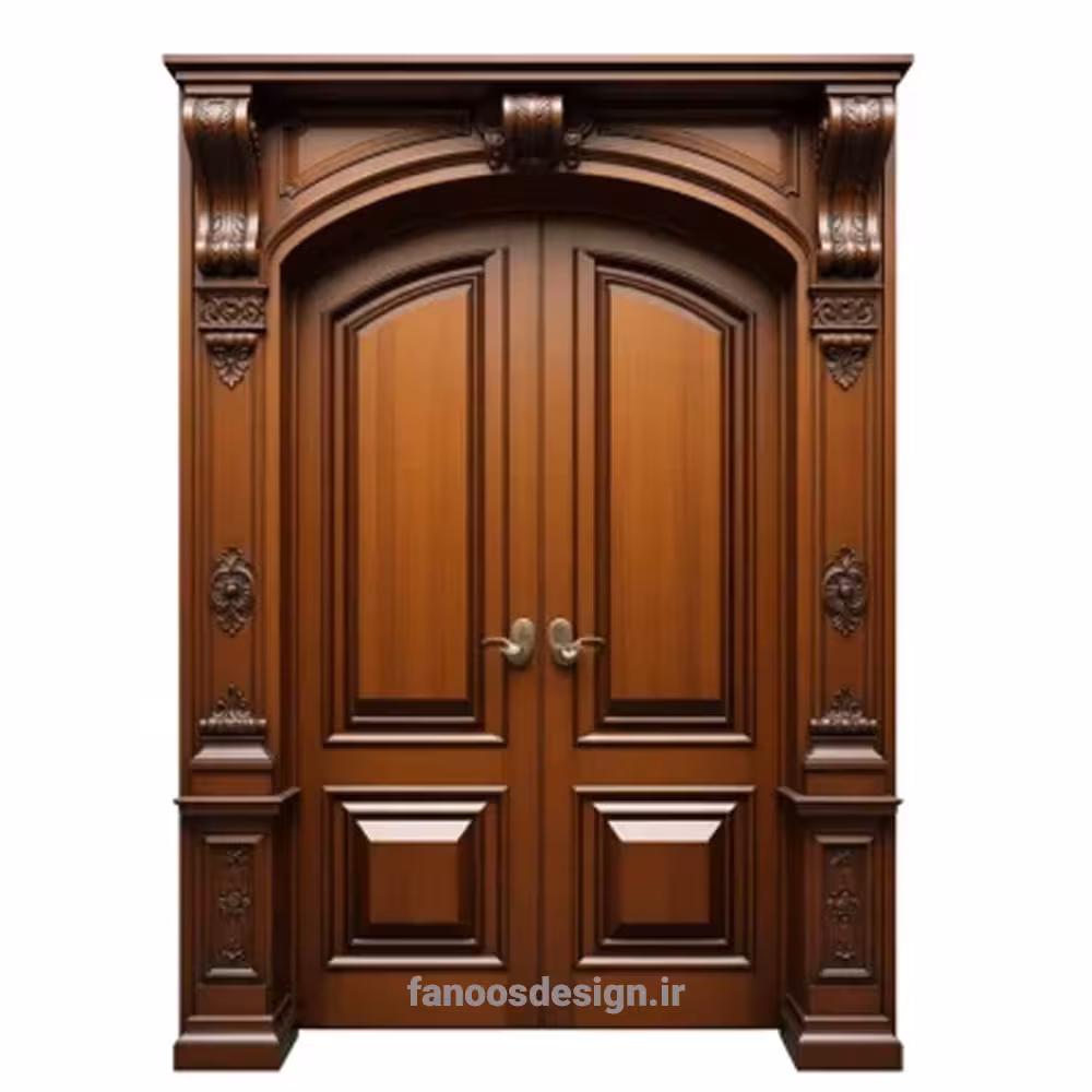 درب چوبی دو لنگه کلاسیک با قاب منبت‌کاری مدل آریانا  کد 30386