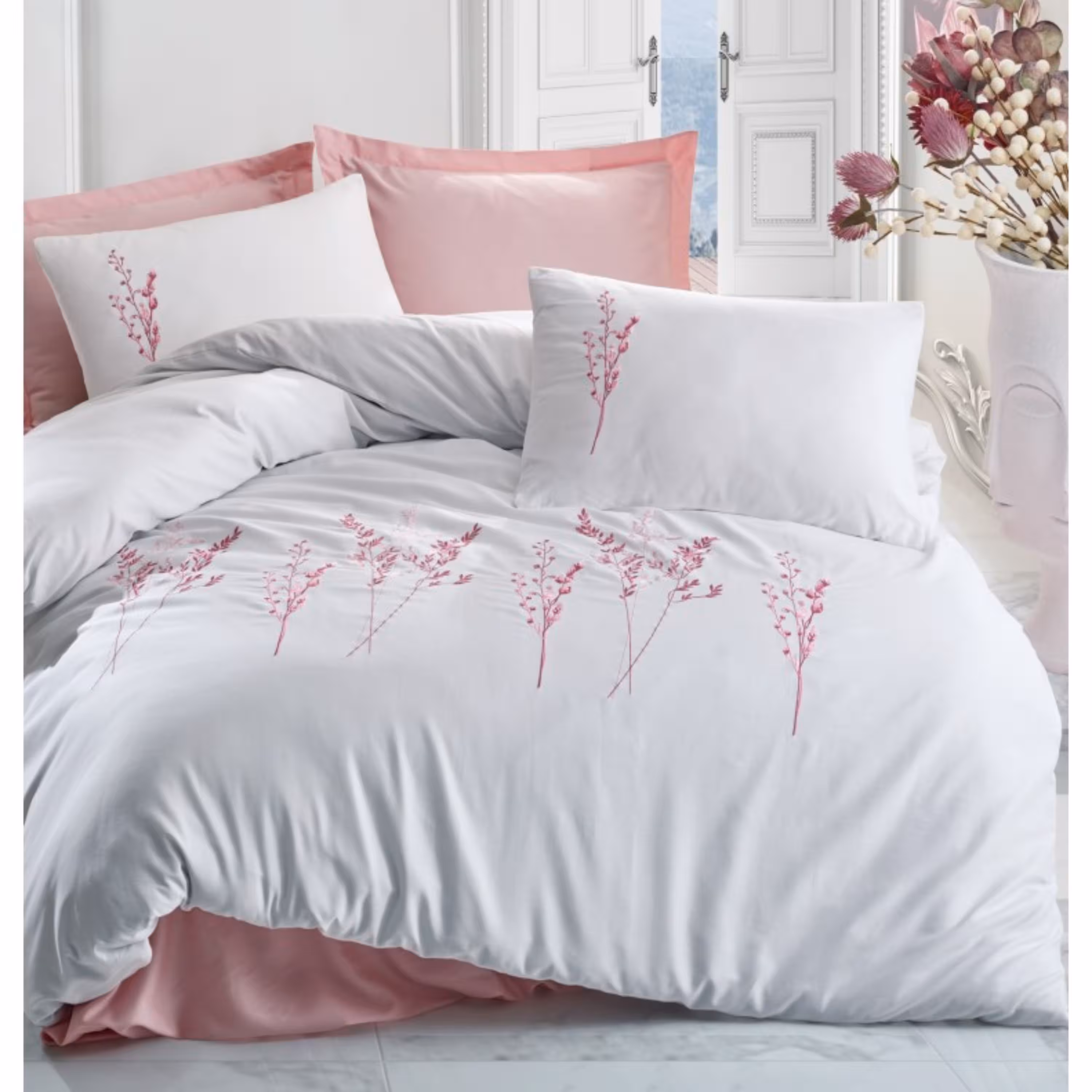 ست ملحفه کاتن باکس مدل Brode Saten Lisa Pudra دو نفره 6 تکه