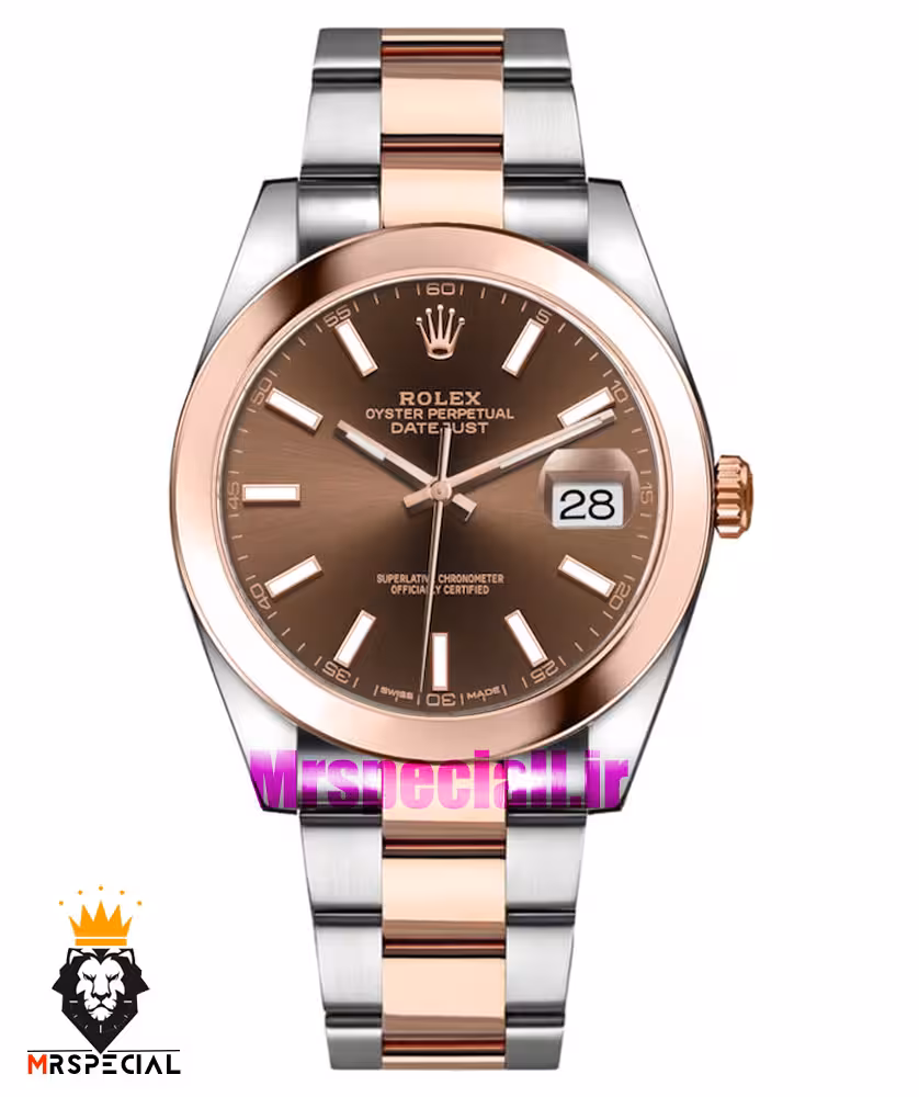 ساعت رولکس مردانه مدل دیت جاست اتوماتیک دورنگ رزگلد صفحه قهوه ای 5995 ROLEX DATEJUST