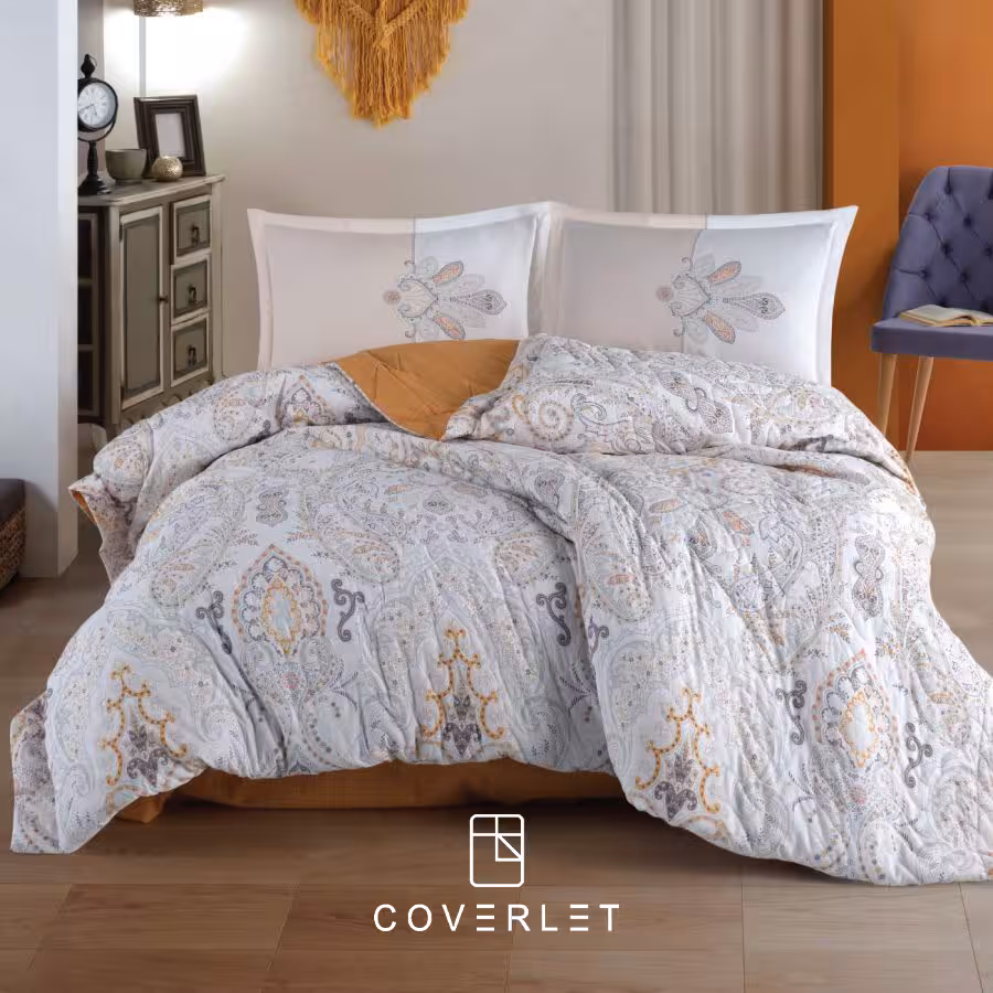 روتختی چهارفصل سفید خردلی طرح‌دار یکنفره مدل Aramis