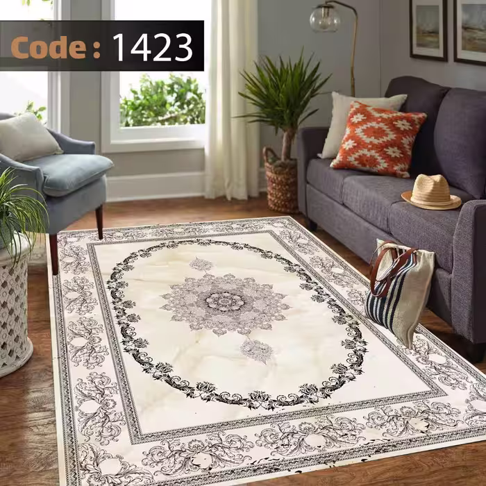 کاورفرش روفرشی دورکشدار گوشه لیفه ای کرم  قهوه ای کد 1423
