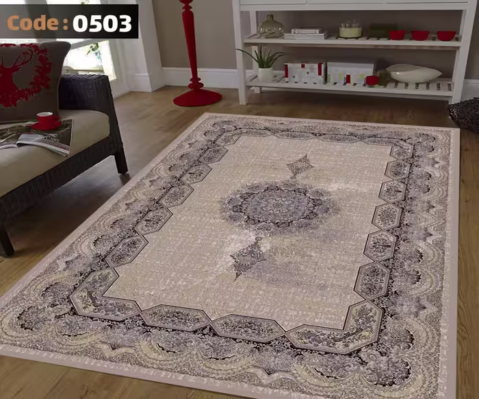 کاورفرش روفرشی دورکشدار گوشه لیفه ای طوسی کرم کد 0503