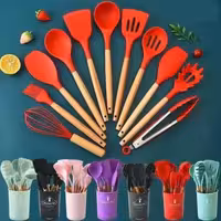 ست کفگیر ملاقه 12 پارچه سیلیکونی دسته بامبو