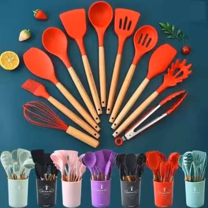 ست کفگیر ملاقه 12 پارچه سیلیکونی دسته بامبو