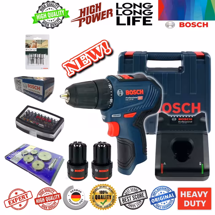 پیچ گوشتی شارژِی چکشی بوش مدل GSB 12 V 30 Professional مجموعه 8 عددی