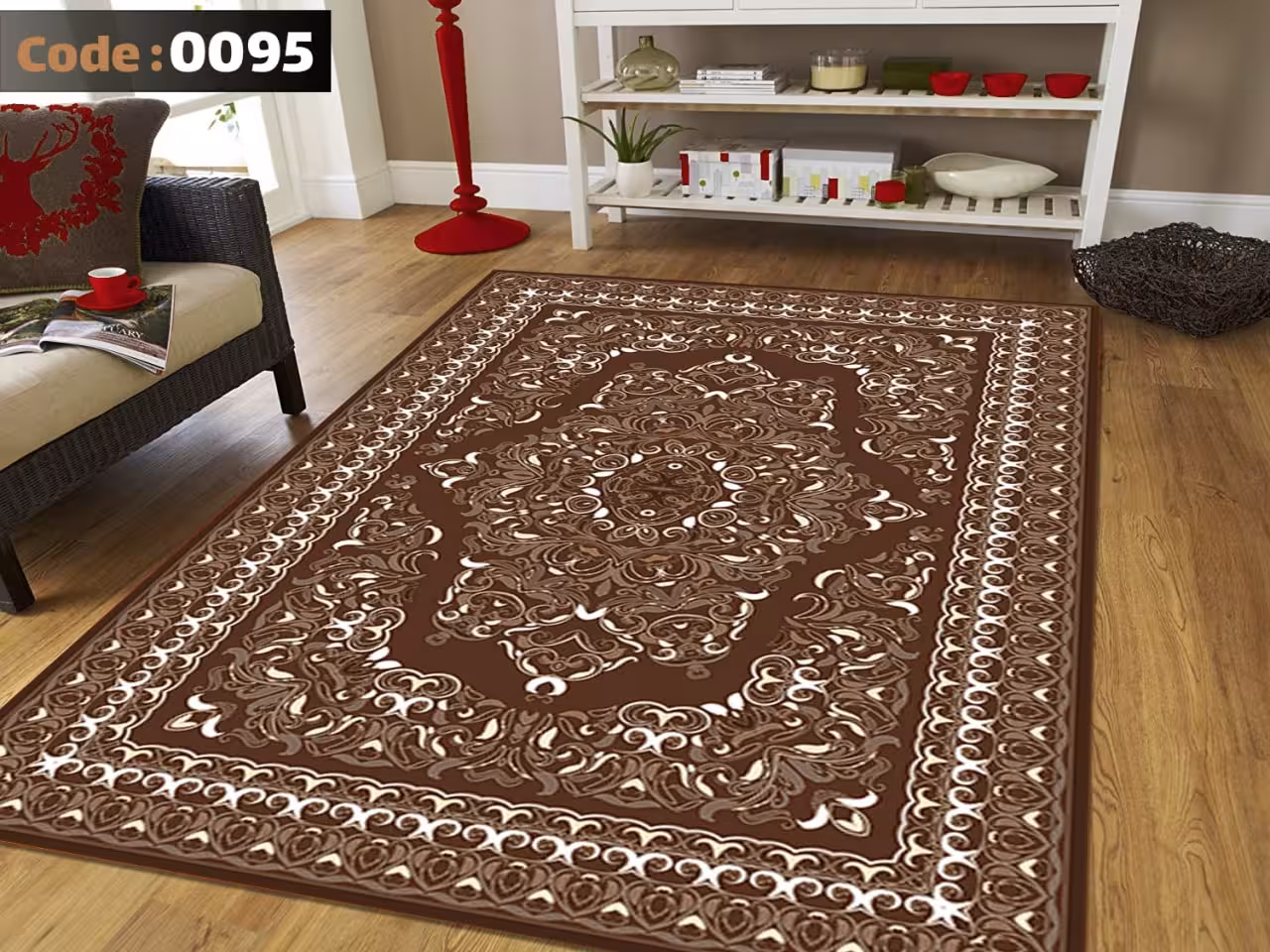کاورفرش روفرشی دورکشدار گوشه لیفه ای کرم  قهوه ای کد 0095