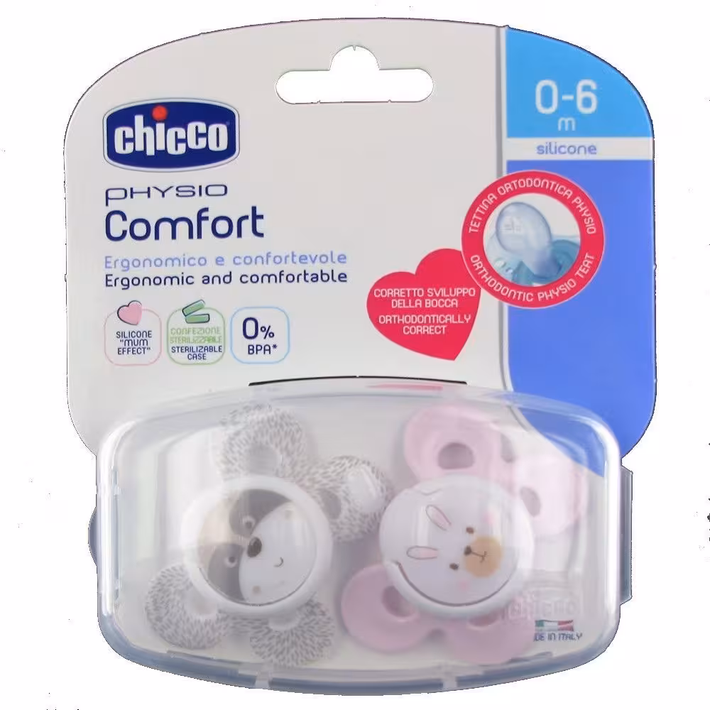 پستانک چیکو ارتدنسی 2عددی سایز 6 _ 16m فیزیو فورما chicco طرح خرگوش و راکون