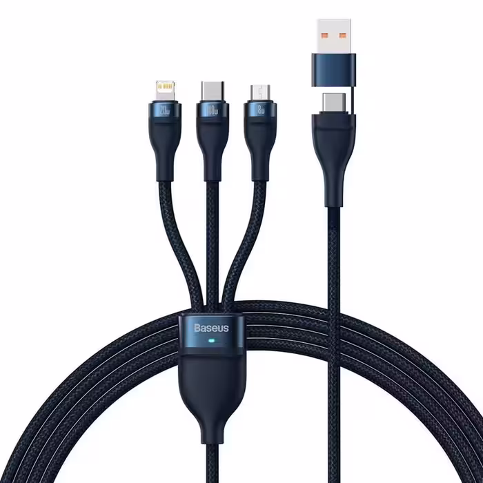 کابل تبدیل USB/USB-C به لایتنینگ/USB-C/micro-USB باسئوس مدل Flash Series 2-100W طول 1.2 متر