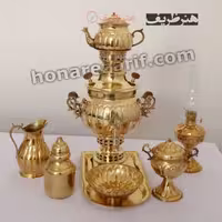 سرویس کامل سماور زغالی برنجی 3 لیتری آینه ای عدسی