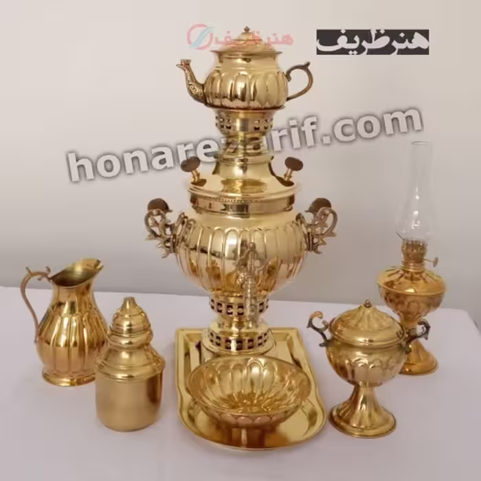 سرویس کامل سماور زغالی برنجی 3 لیتری آینه ای عدسی