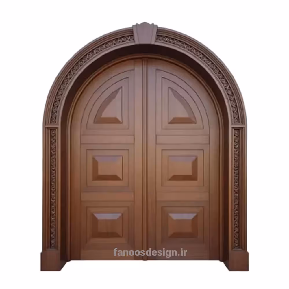 درب چوبی دو لنگه قوس‌دار مدل آتریوم با منبت‌کاری هندسی کد 30374