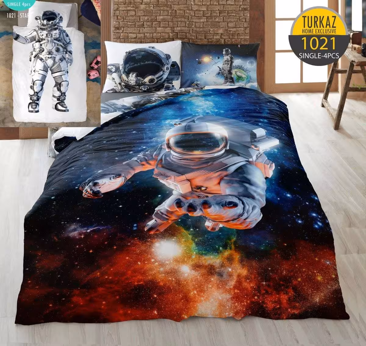 سرویس لحاف روتختی مدل فضانورد برند Turkaz یک نفره 4 تکه طرح 1021