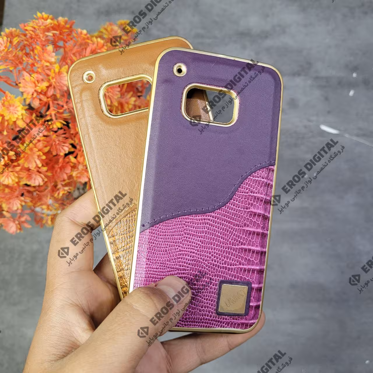 قاب گوشی HTC One M9 دور طلایی پشت چرم طرح دار