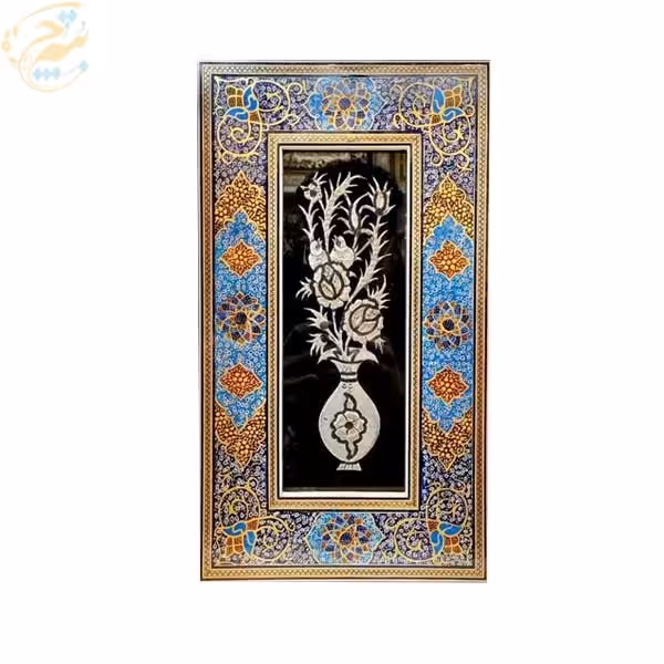 تابلو قلمزنی رومیزی با قاب خاتم کاری تذهیب طرح گلدان 20در35