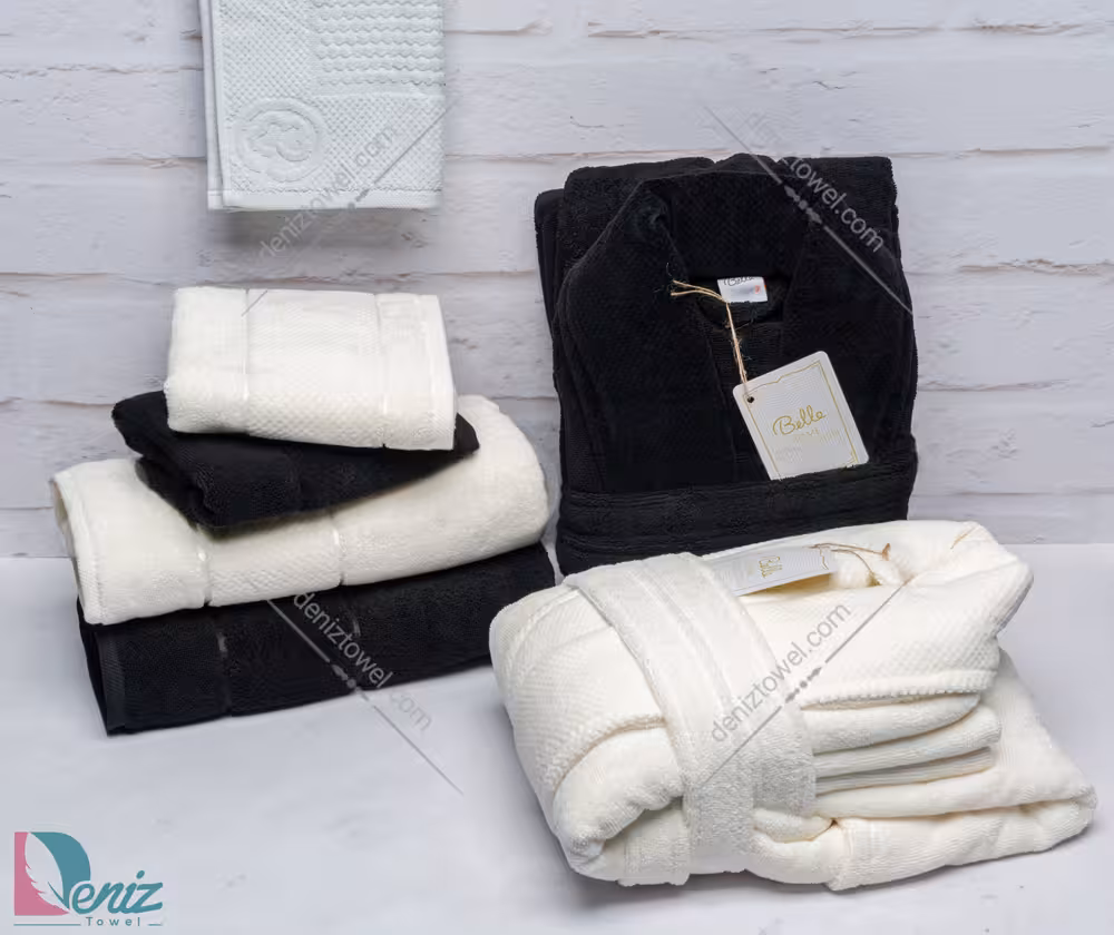 حوله ست دو نفره طرح ماکرو رنگ مشکی و شیری