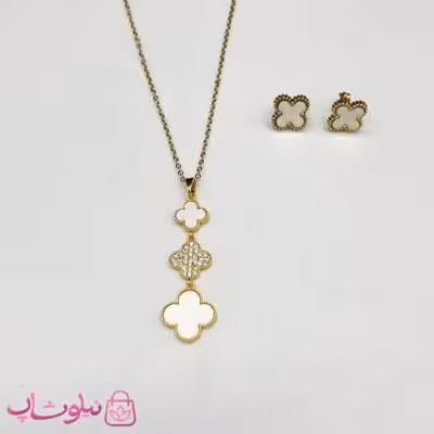 ست گردنبند و گوشواره زنانه طرح ونکلیف سفید طلایی کد 1891