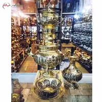 سرویس زیبای سماور ذغالی برنجی کد 116 کار شده با سیاه قلم، رنگ طلایی و عدسی با ضمانت یک ساله