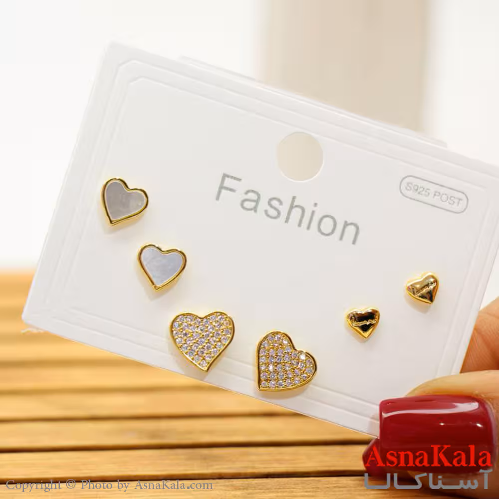 گوشواره زنانه استیل 316 پک 3 جفتی مدل قلبی میخ نقره کد GSH15569W