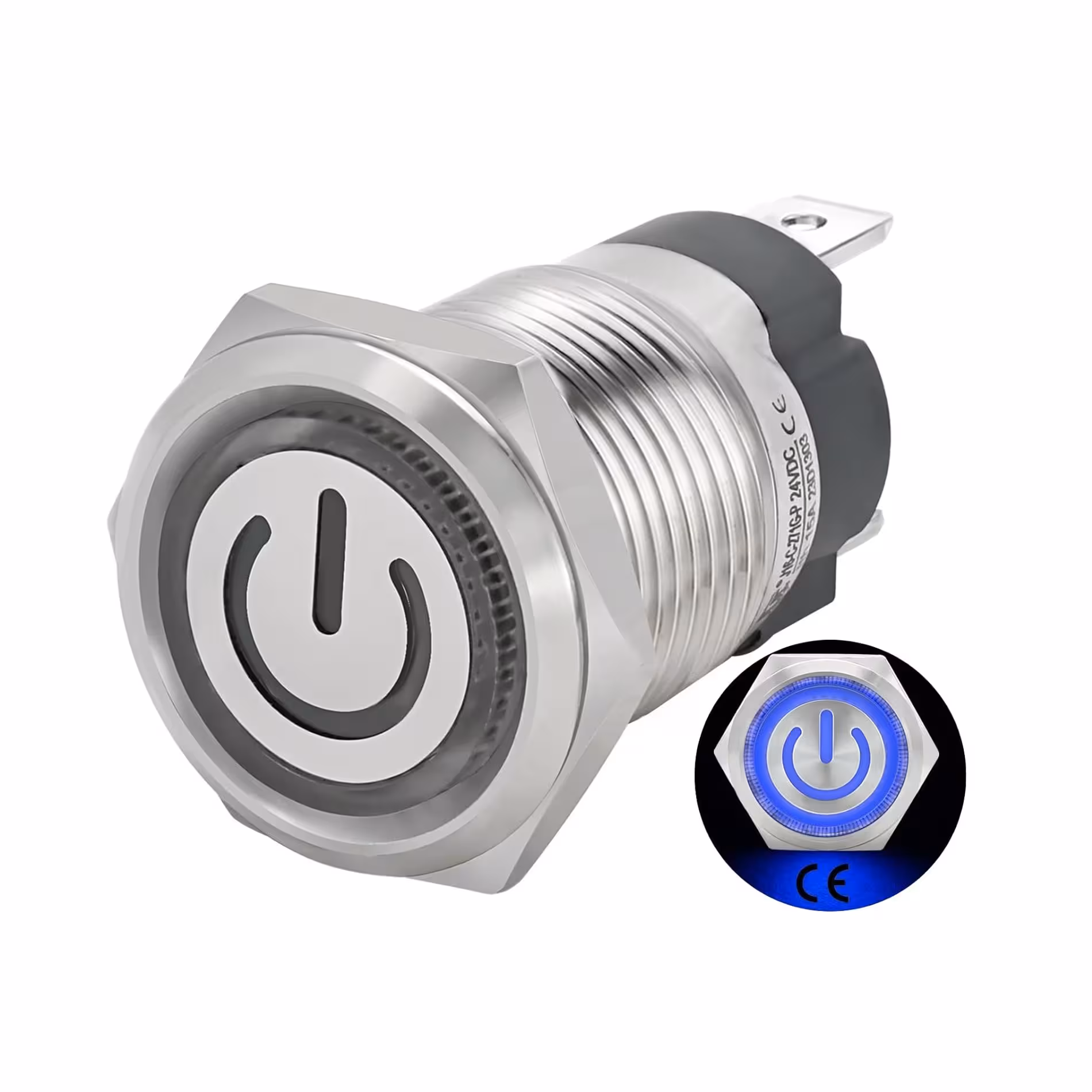 کلید فشاری فلزی آبی LED قطر 12V/24V – 19mm طرح پاور