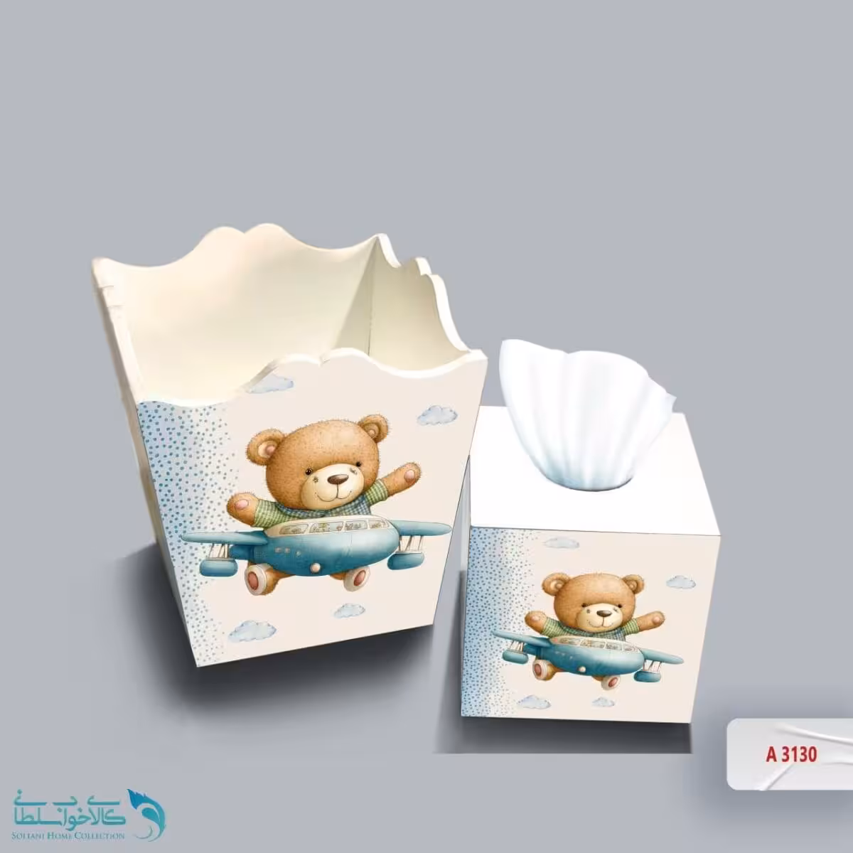 ست سطل و جا دستمال چوبی کودک طرح تدی خرسه کد A3130