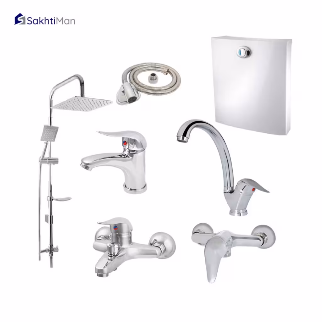 مجموعه 7 عددی شیرآلات بهداشتی مدل دسته اردکی بهمراه علم دوش دوکاره و فلاشتانک