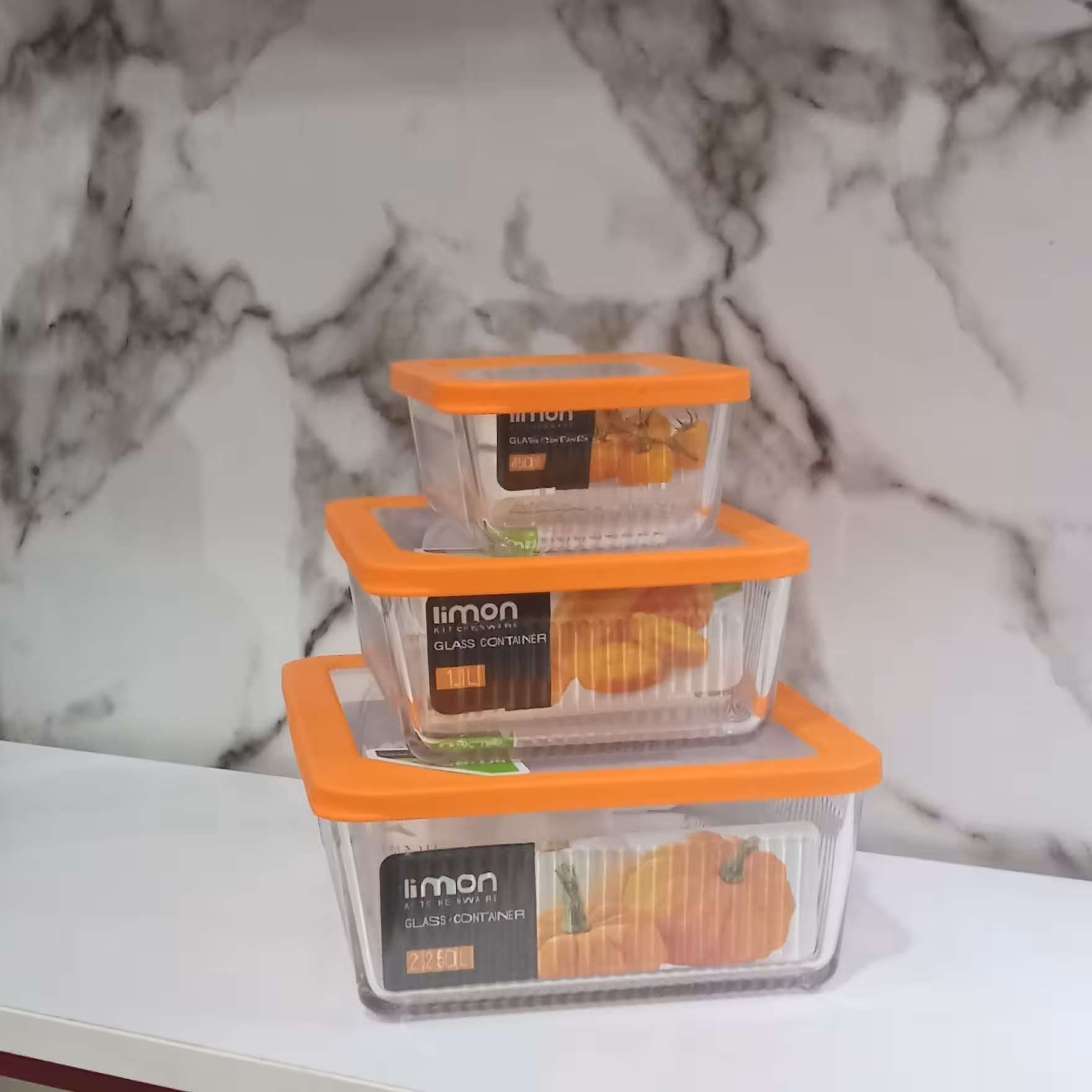 ست ظرف شیشه ای درب دار شیار دار لیمون نارنجی