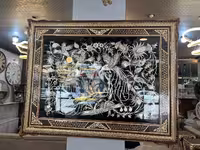 تابلو خاتم صلیبی توپی 70 در 90 با پلاک مسی قلمزنی 50 در 70 طرح گل و مرغ