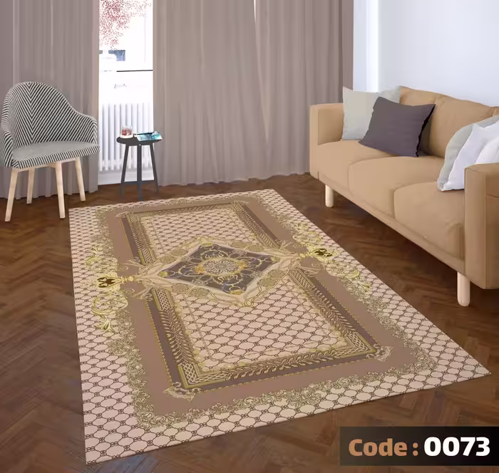 کاورفرش روفرشی دورکشدار گوشه لیفه ای کرم  قهوه ای کد 0073