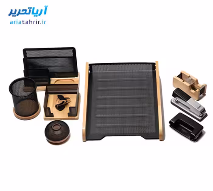 ست لوازم اداری رومیزی 9 تکه چوب و فلز جهان نما