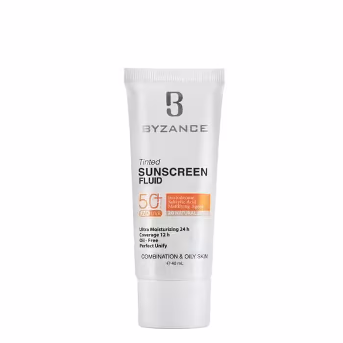 کرم ضد آفتاب بژ طبیعی بیزانس مدل 20 مناسب پوست چرب و مختلط حجم 40 میلی لیتر |  Byzance Sun Protection Fluid Foundation NATURAL BIEGE SPF50  COMBINATION & OILY SKIN 40 ml