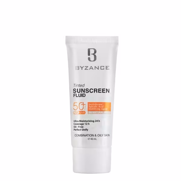 کرم ضد آفتاب بژ طبیعی بیزانس مدل 20 مناسب پوست چرب و مختلط حجم 40 میلی لیتر |  Byzance Sun Protection Fluid Foundation NATURAL BIEGE SPF50  COMBINATION & OILY SKIN 40 ml