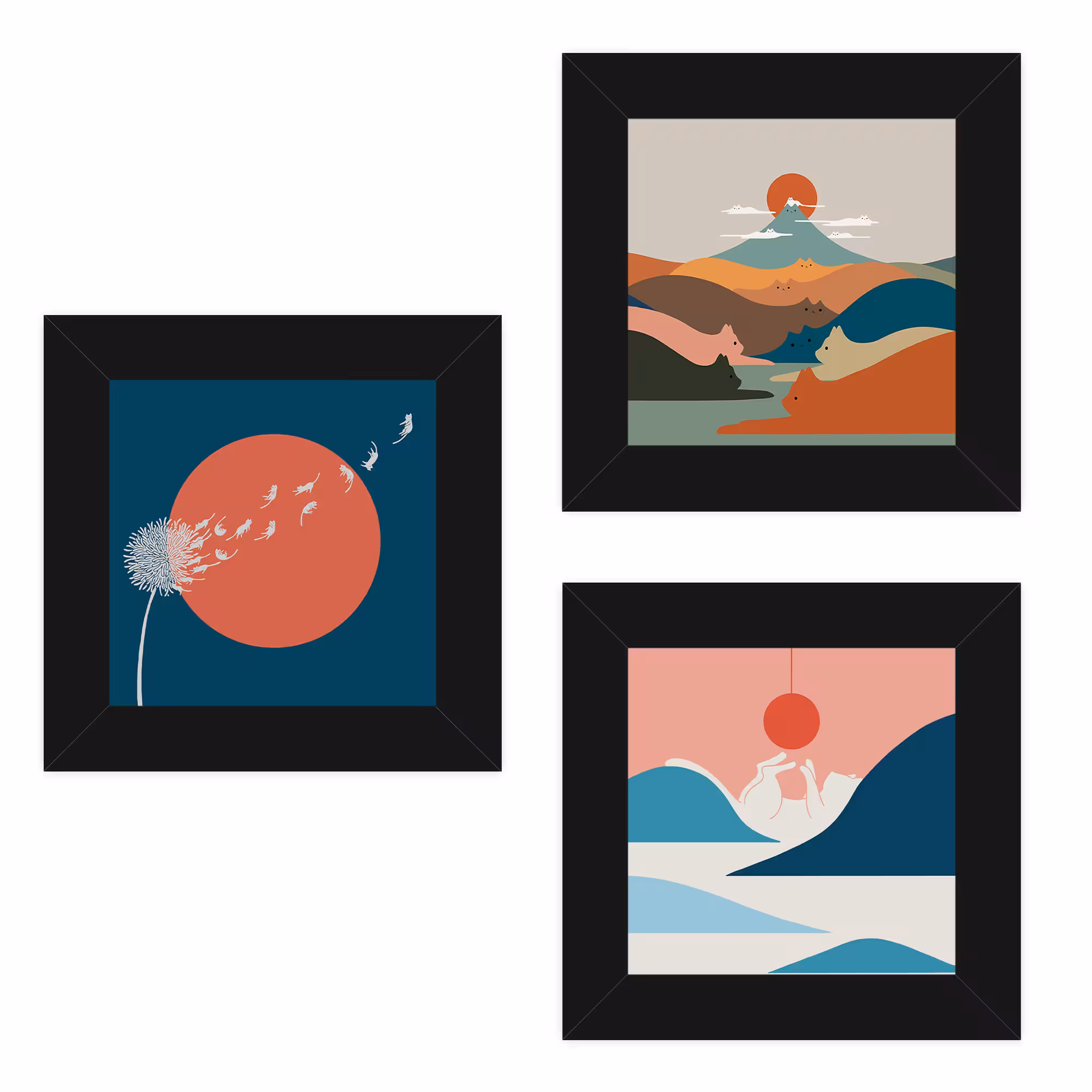 تابلو 3 تایی راویتا گربه و رنگین کمان کد T 208