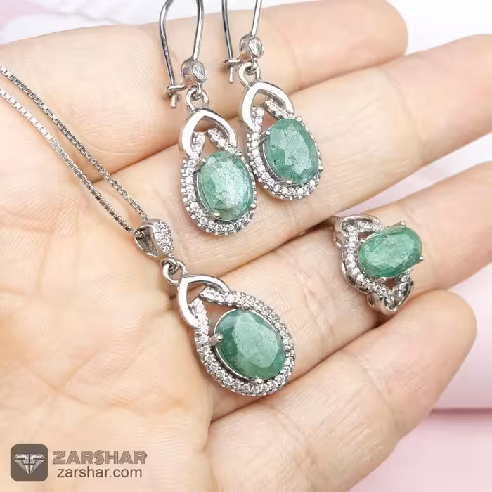 نیم ست نقره زمرد زنانه درجه یک