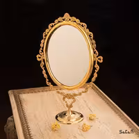 آینه برنجی هندی طلایی پایه دار بیضی