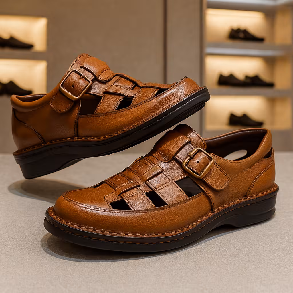 کفش صندل چرم مردانه کد SD012TN رنگ عسلی