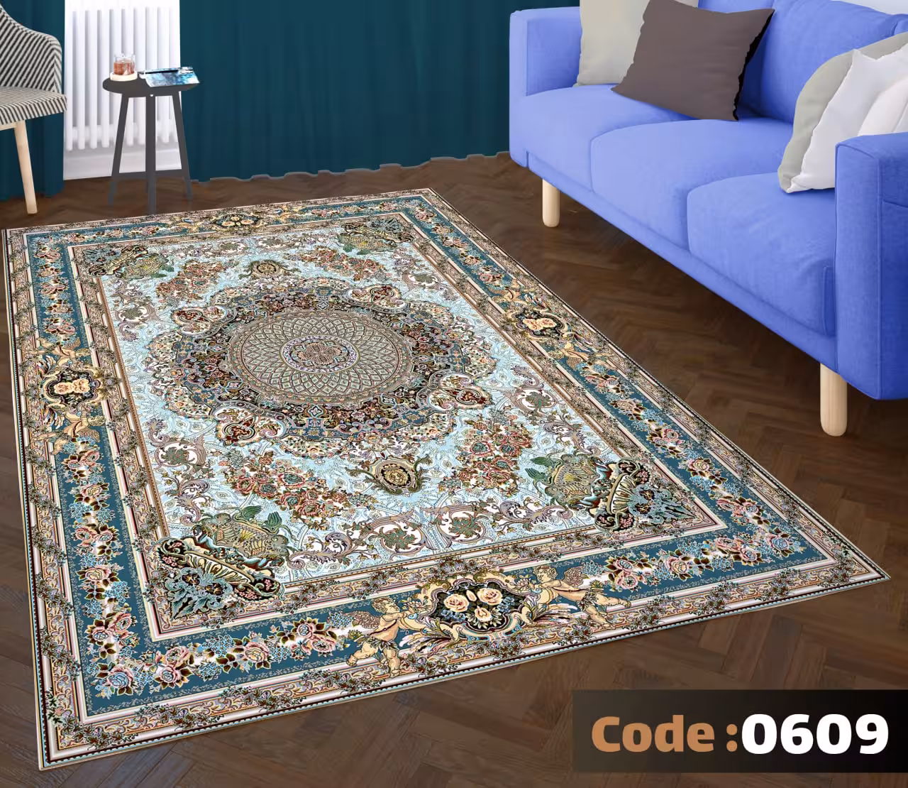 کاورفرش روفرشی دورکشدار گوشه لیفه ای لاکی ، آبی و متنوع کد 0609