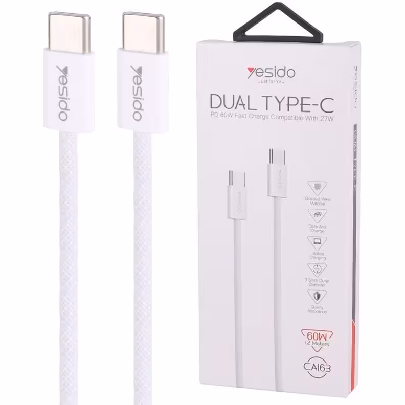 کابل تبدیل فست شارژ Yesido CA163 Type-C to Type-C PD 60W 1.2m