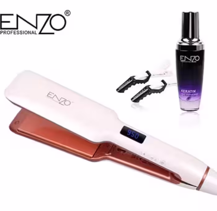 اتو کراتینه سوپر حرفه ای  از برند انزو گسترش دما تا 980 فارنهایت همراه یک عدد روغن کراتین کیفیت بالا