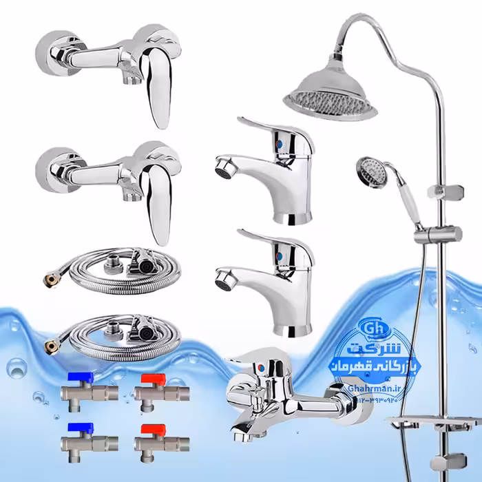 ست 12 عددی شیرآلات برند آیدا صنعت مدل قهرمان اردکی | دو عدد شیر روشویی   شیر حمام   شیر توالت   علم دوش شیپوری   دو عدد شلنگ توالت   چهار عدد شیر پیسوار | کروم براق