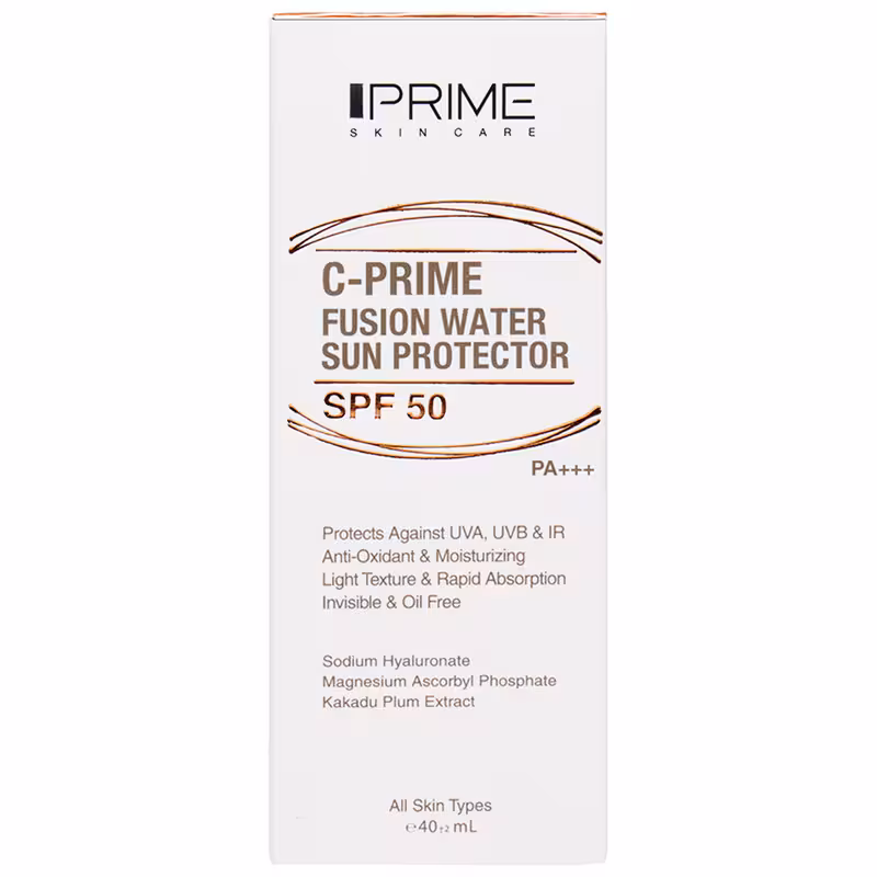 پریم فلوئید ضدآفتاب SPF50حاوی ویتامین سی فیوژن واتر مناسب صورت و دورچشم انواع پوست 40ML