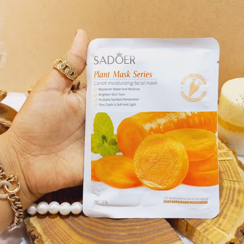 ماسک ورقه ای صورت هویج سادور ضد چین و چروک روشن و درخشان کننده آبرسان ترمیم کننده بافت پوست آنتی اکسیدان غنی از ویتامین